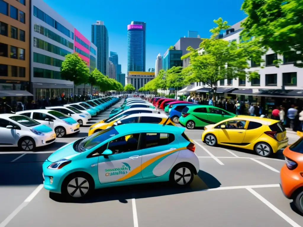 Vibrante ciudad con carros compartidos, diversidad de opciones y energía urbana, reflejando el impacto del car sharing en transporte