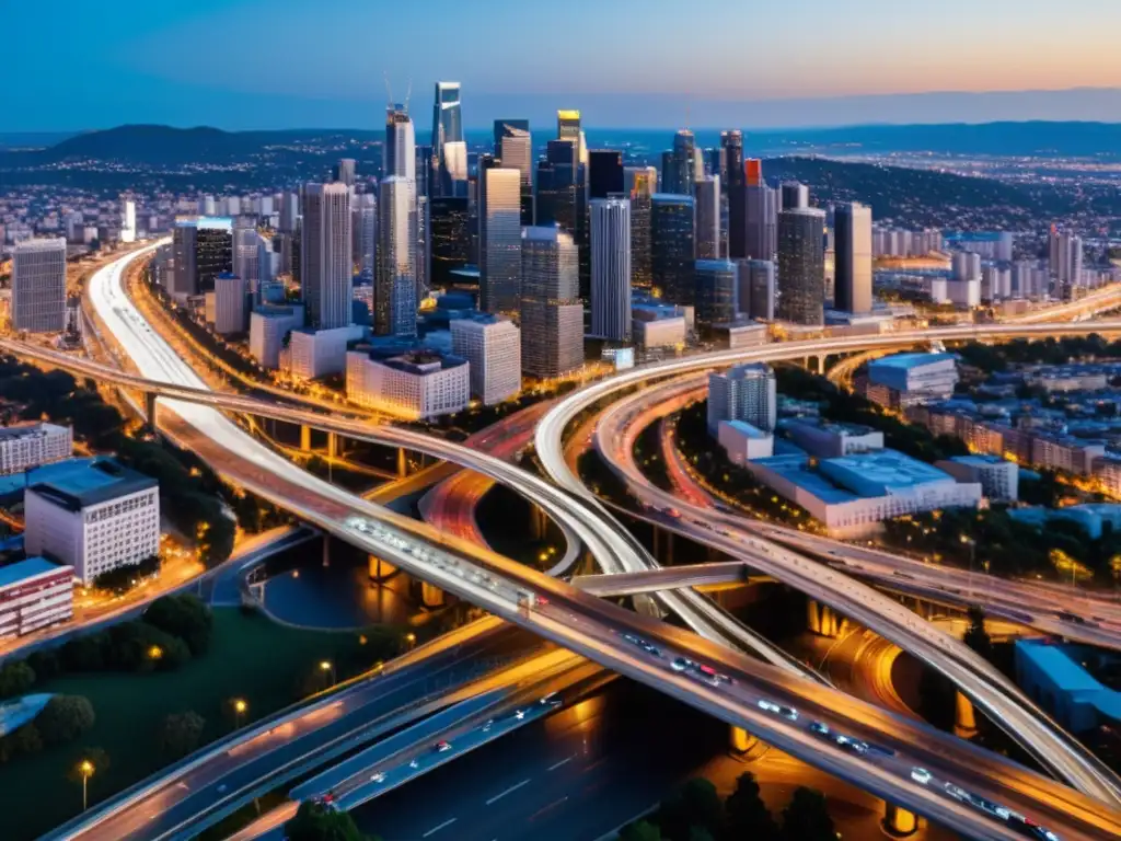 Vibrante ciudad al anochecer con compleja red de carreteras iluminadas