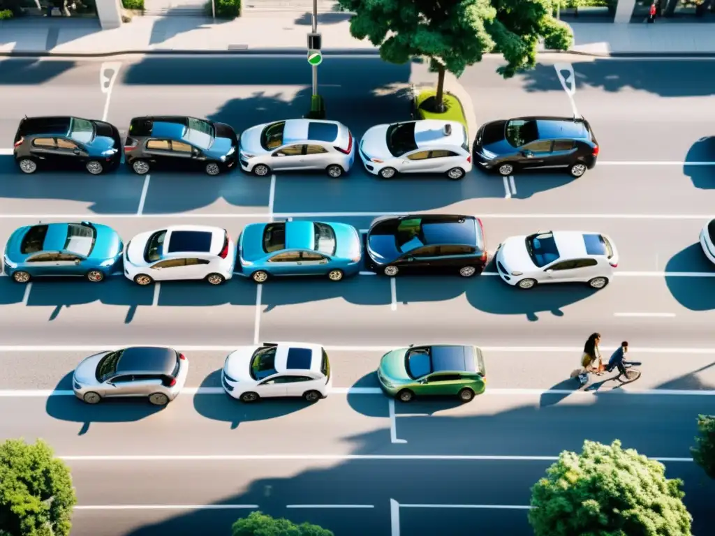 Una vibrante ciudad con diversidad de coches compartidos, incluyendo eléctricos, híbridos y tradicionales