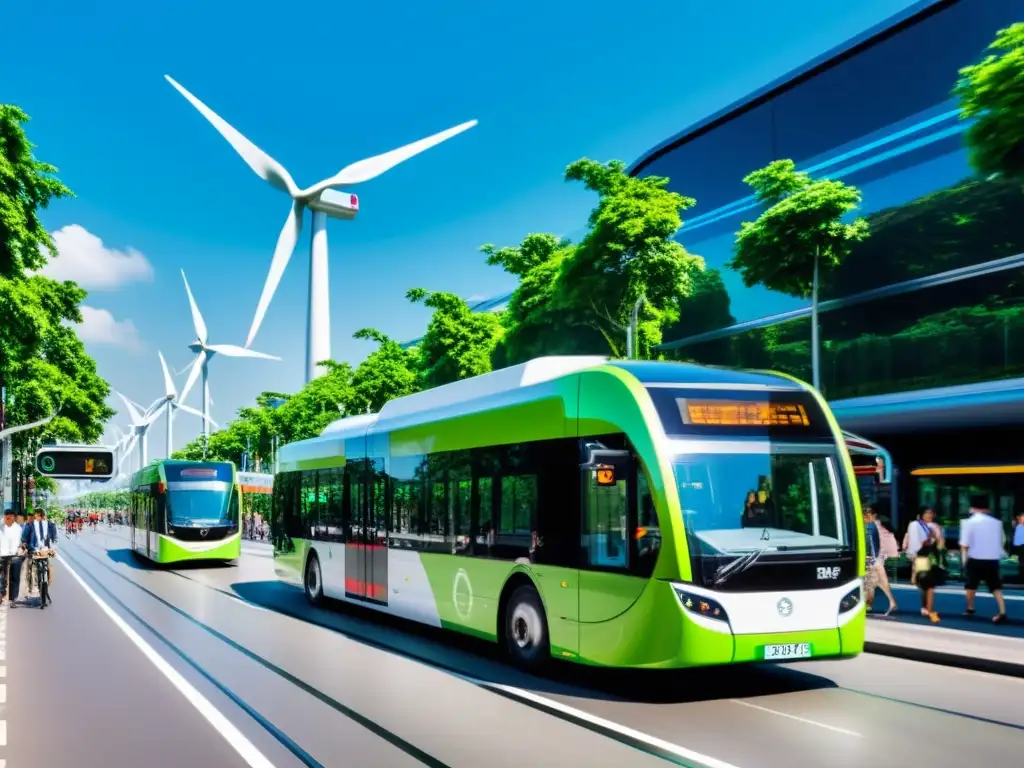 Vibrante ciudad ecoamigable con transporte público futurista y sostenible, solución climática en evolución