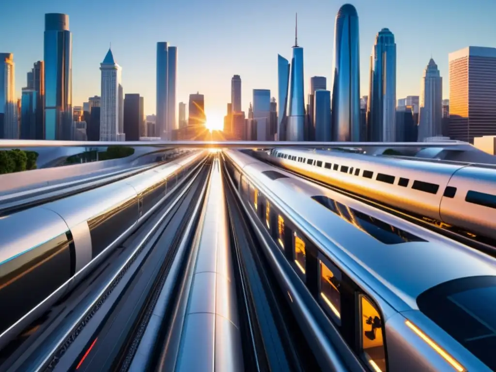 Vibrante ciudad con edificios futuristas e integración urbana del Hyperloop, contrastando con la arquitectura tradicional al atardecer