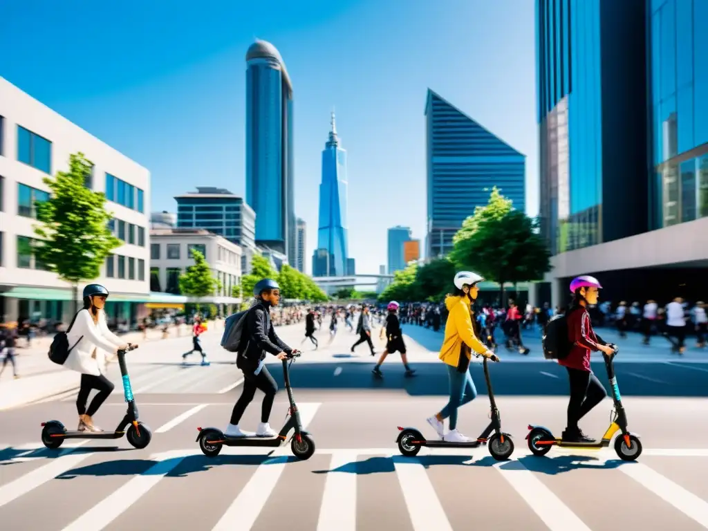 Vibrante ciudad con gente de todas las edades usando patinetes eléctricos, reflejando la evolución del transporte personal en entornos urbanos