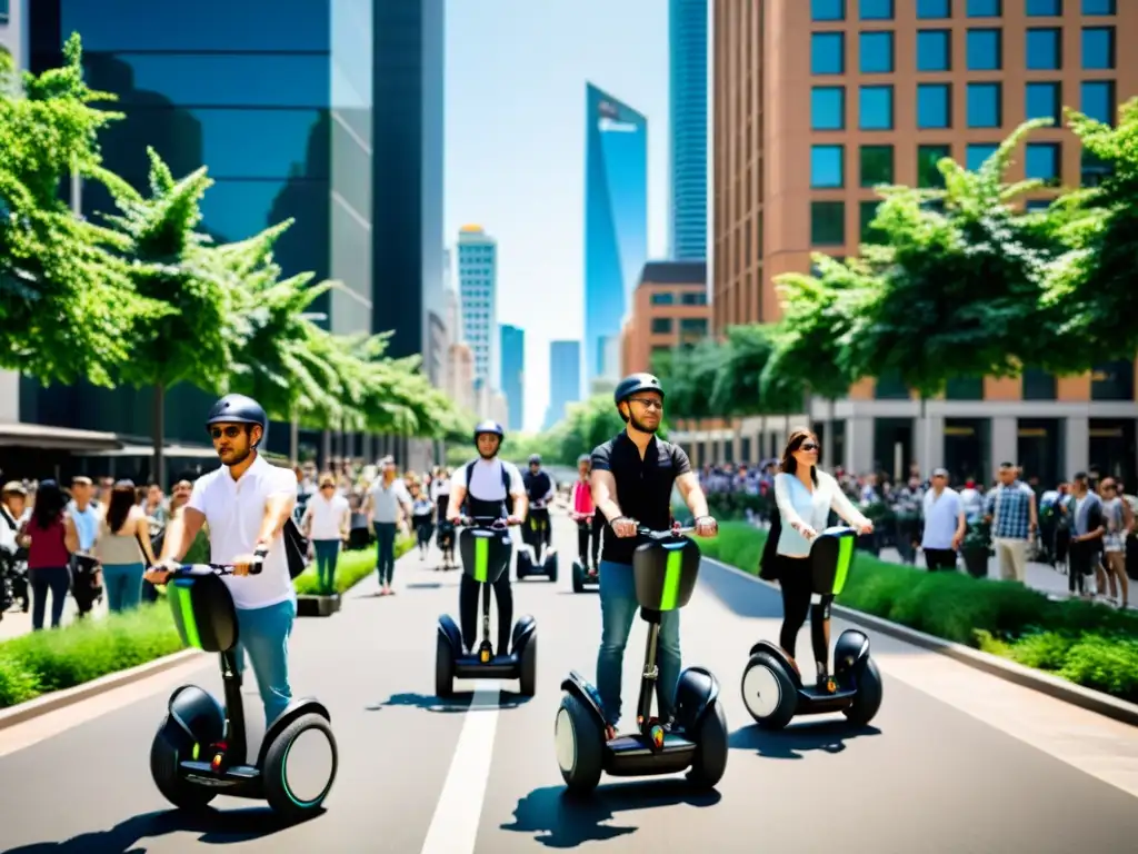 Vibrante ciudad con gente recorriendo en Segway, integrando este medio de transporte en ciudades ideales para recorrer en Segway