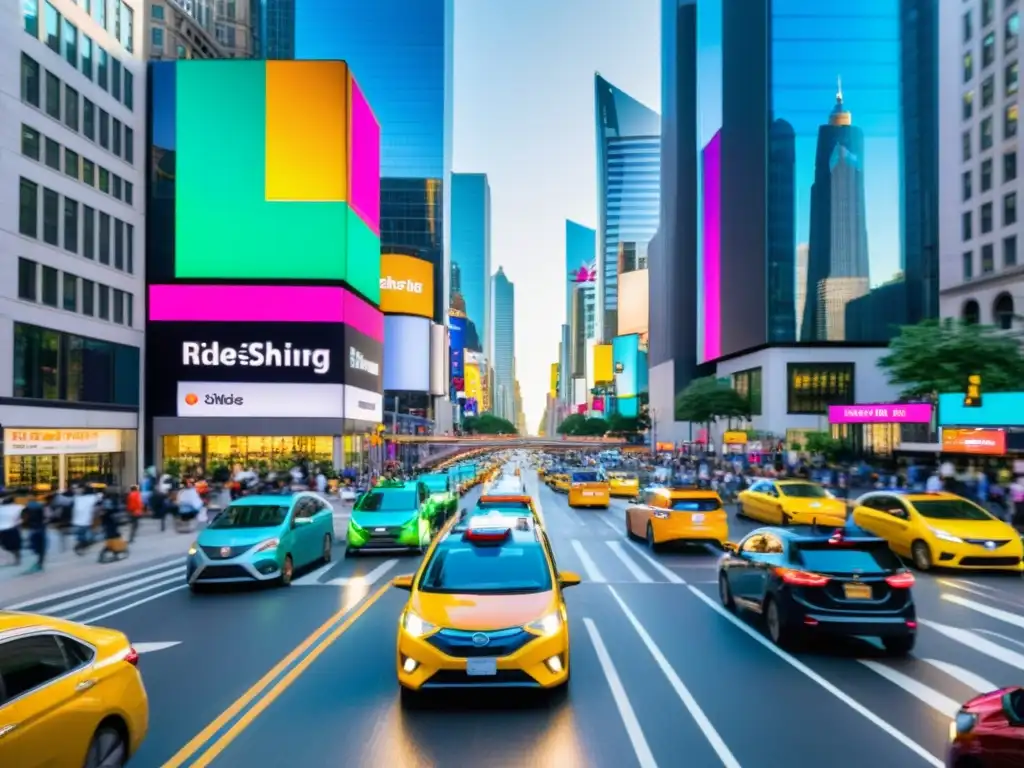 Ridesharing: Transformación urbana llena de energía Vibrante ciudad con impacto del ride sharing en ciudades: vehículos, peatones y edificios urbanos