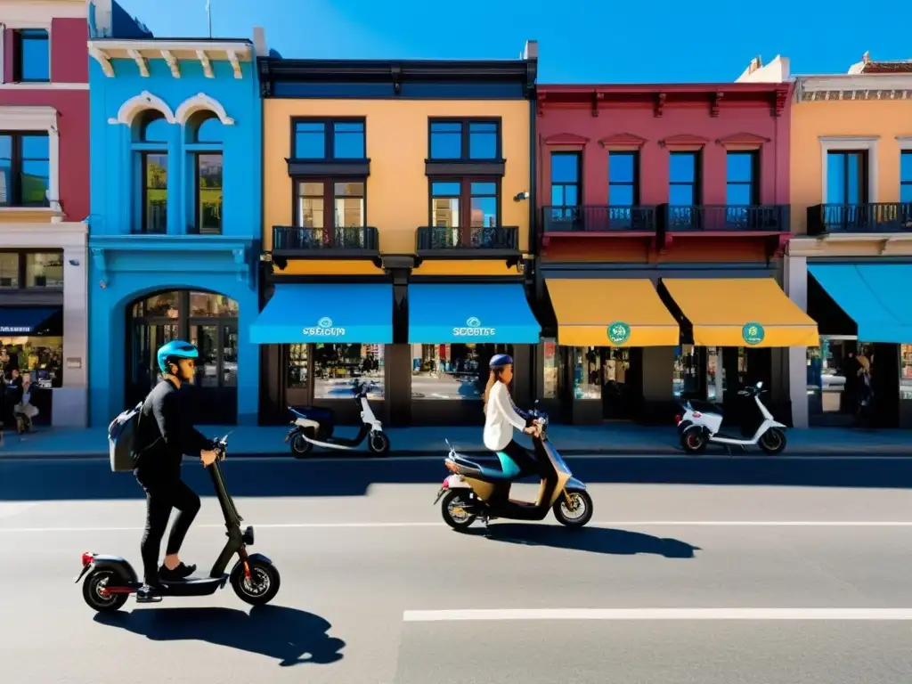 Vibrante ciudad llena de scooters eléctricos, edificios coloridos y cafés animados, en una de las mejores ciudades para el patinete eléctrico