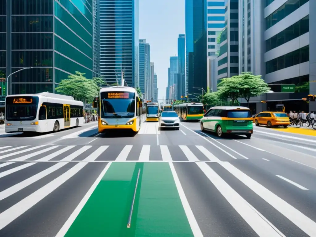 Infraestructura urbana dinámica: transporte sostenible en la ciudad Vibrante ciudad con diversos medios de transporte urbanos, destacando el desarrollo de la movilidad sostenible
