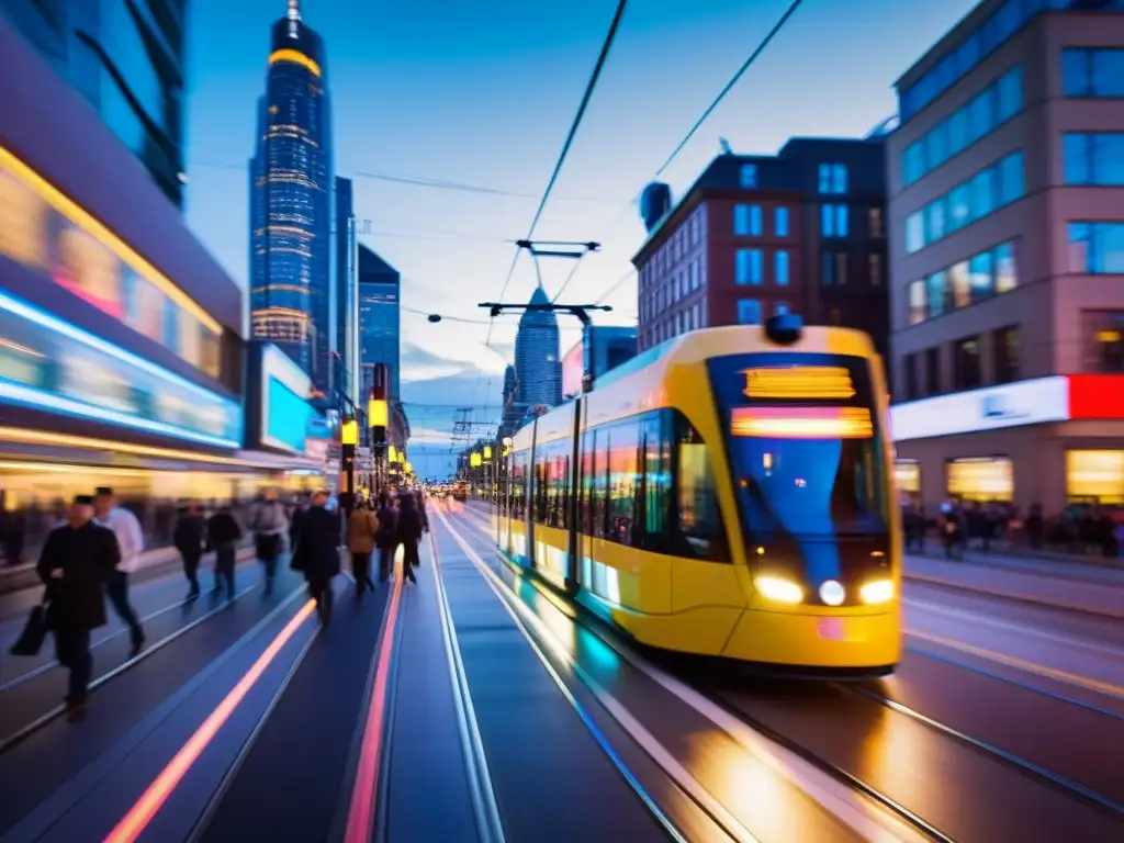 Vibrante ciudad nocturna con moderno tranvía y pasajeros, mostrando la importancia de las infraestructuras de transporte inteligentes