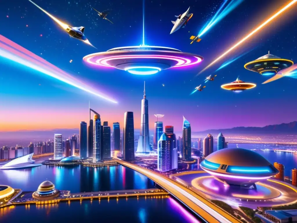 Vibrante ciudad nocturna con rascacielos futuristas iluminados por luces de neón, carros voladores y puerto espacial