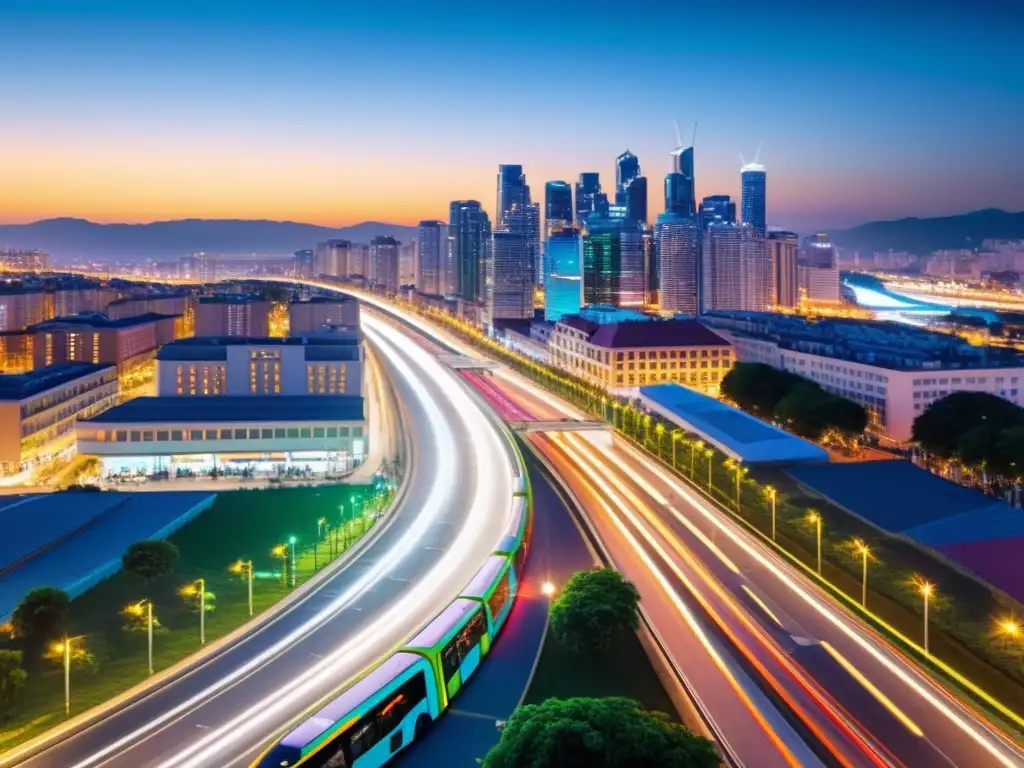 Vibrante ciudad nocturna con iluminación sostenible y transporte eficiente