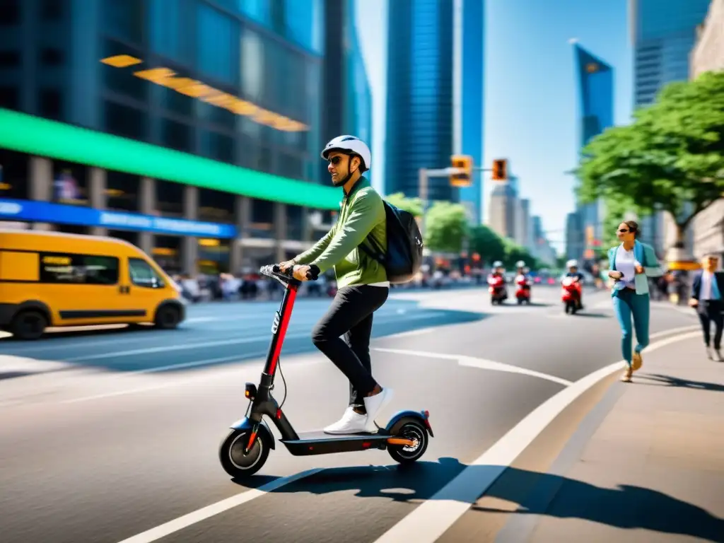 Vibrante ciudad con patinetes eléctricos integrados en su infraestructura, reflejando la energía de las mejores ciudades patinete eléctrico