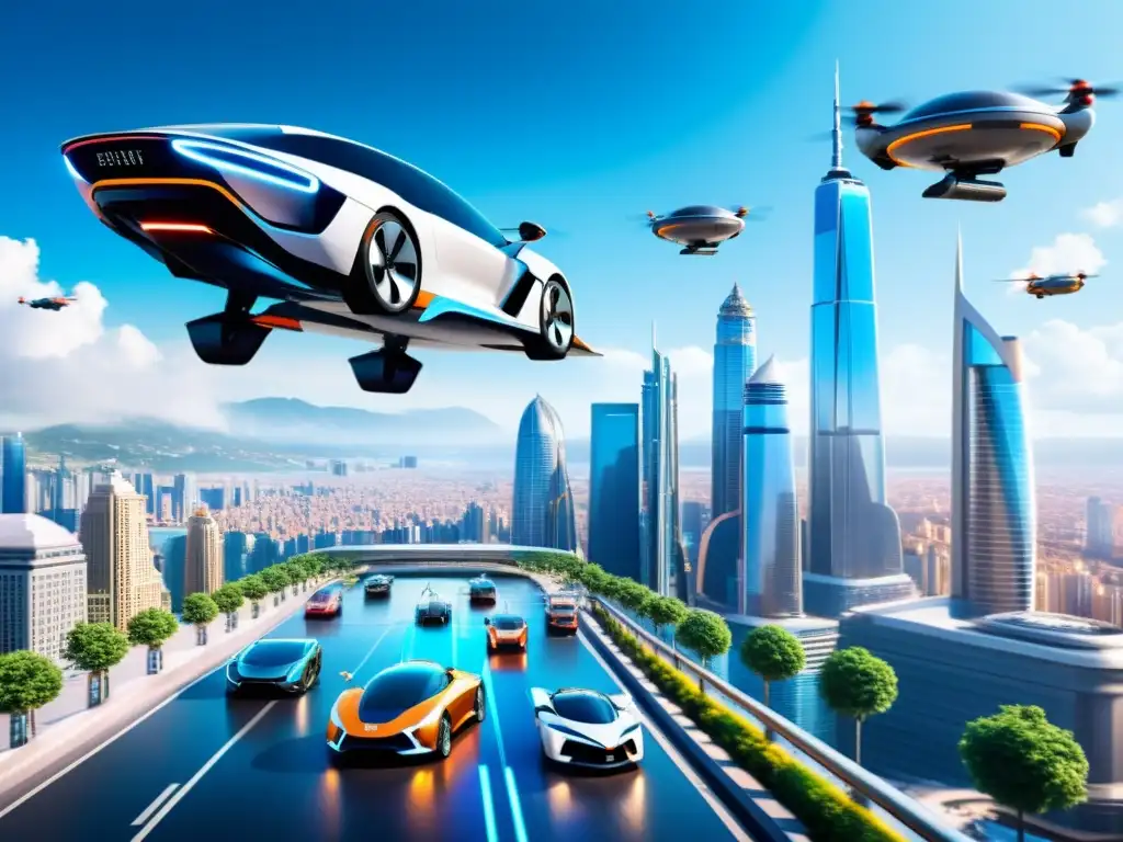 Vibrante ciudad con rascacielos futuristas y autos voladores, simbolizando el turismo en destinos con tecnología avanzada