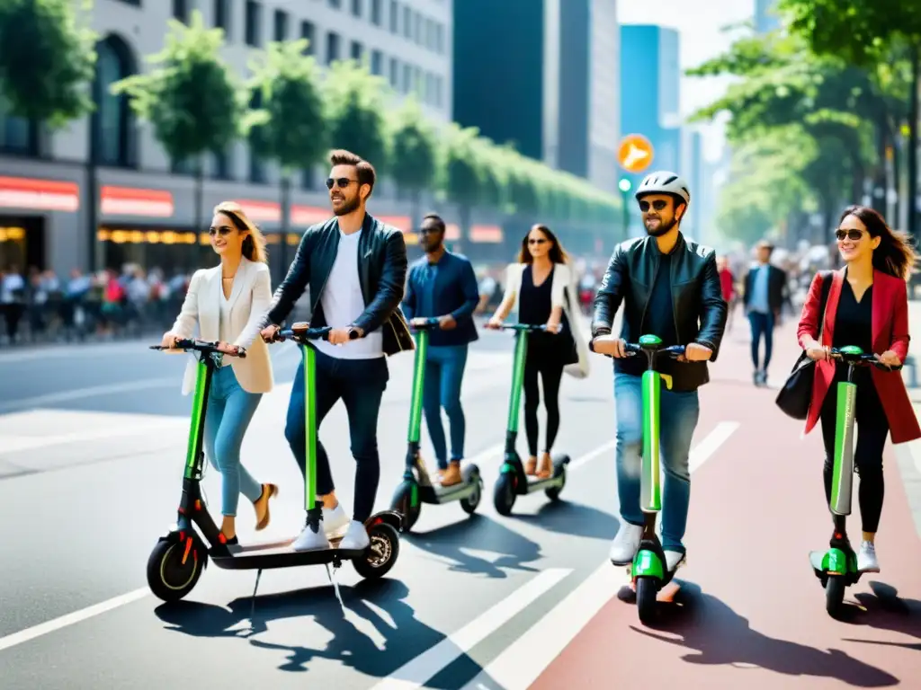 Vibrante ciudad con scooters eléctricos, peatones y ciclistas compartiendo calles