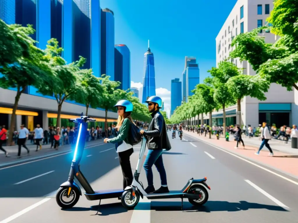 Vibrante ciudad con scooters eléctricos, moda eco y edificios sostenibles en un día soleado