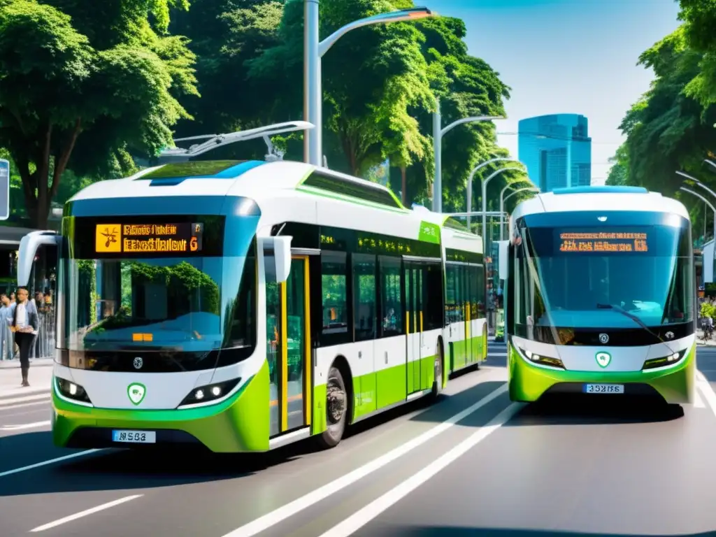 Vibrante ciudad sostenible con innovaciones tecnología transporte público sostenible: buses y tranvías futuristas rodeados de vegetación, tecnología y sonrientes pasajeros