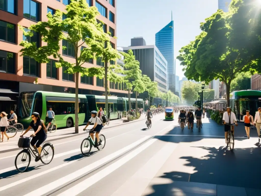 Vibrante ciudad sostenible con transporte ecológico en ciudades, peatones, ciclistas, autobuses y tranvías, integrando naturaleza en el paisaje urbano