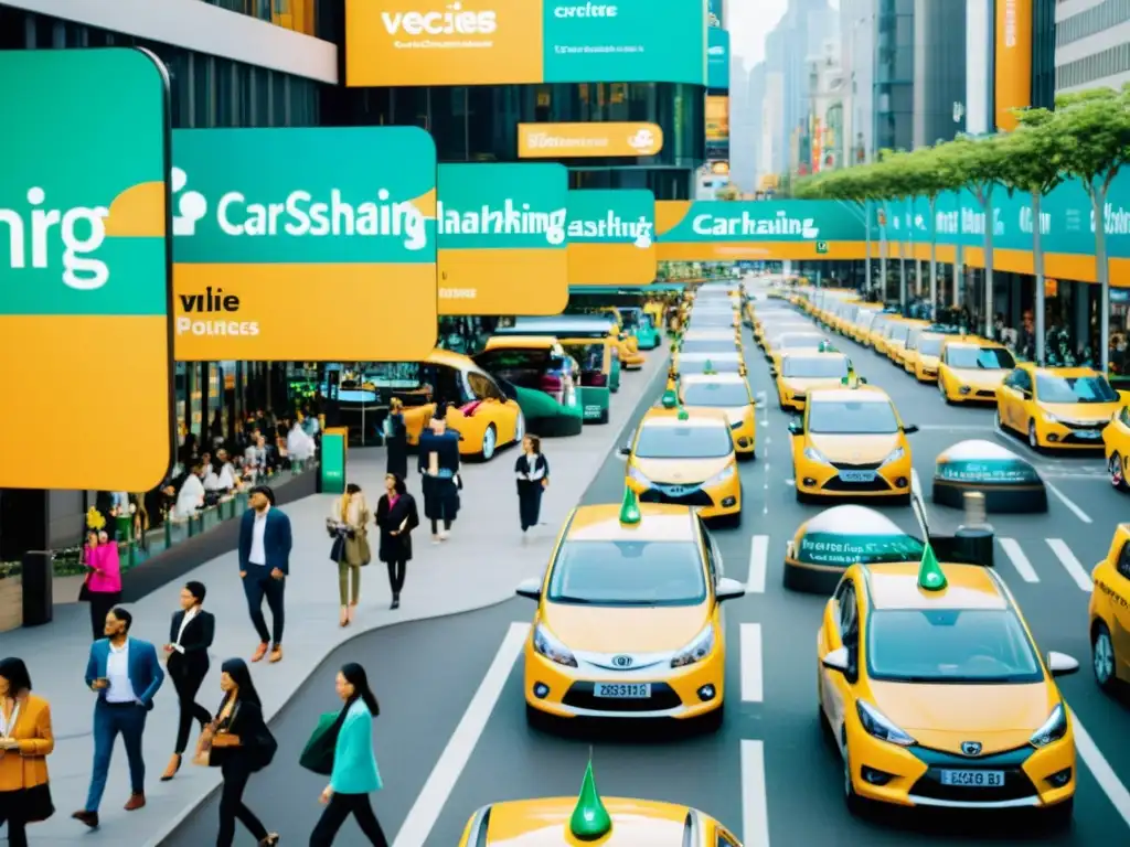 Vibrante ciudad con vehículos de car sharing y estrategias publicidad plataformas car sharing integradas en la vida urbana