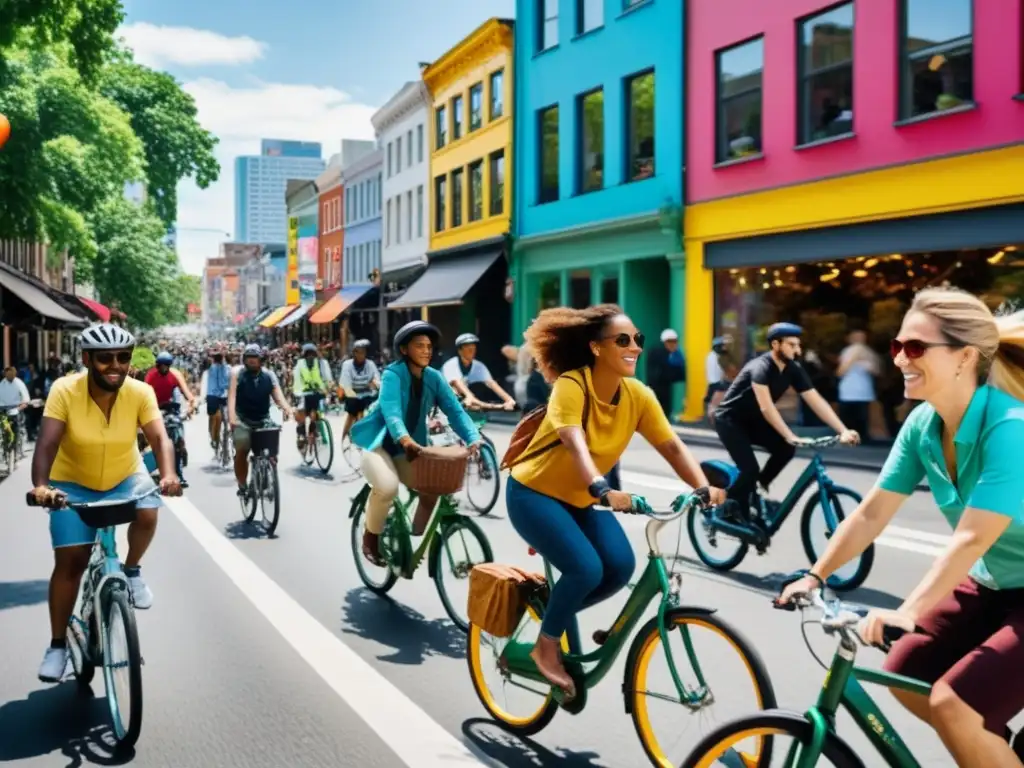 Vibrante cultura urbana: gente de diversas culturas montando bicicletas públicas, con arte callejero colorido al fondo