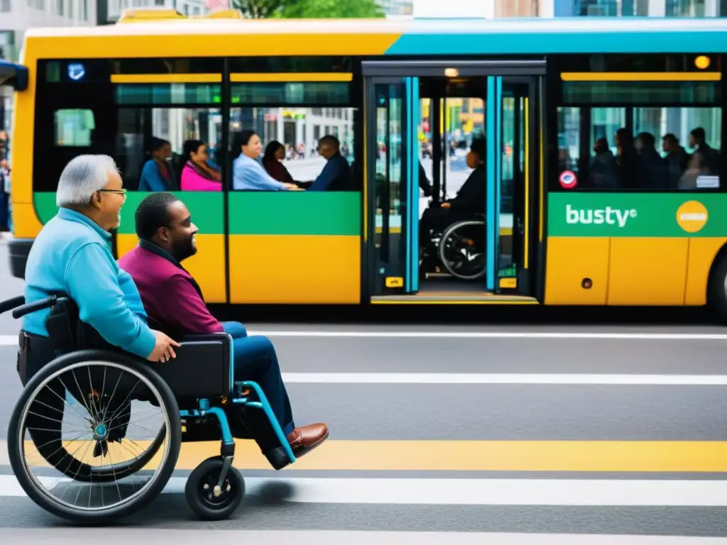 Vibrante escena callejera con transporte público inclusivo para personas con discapacidad, mostrando integración de apps transporte inclusivo