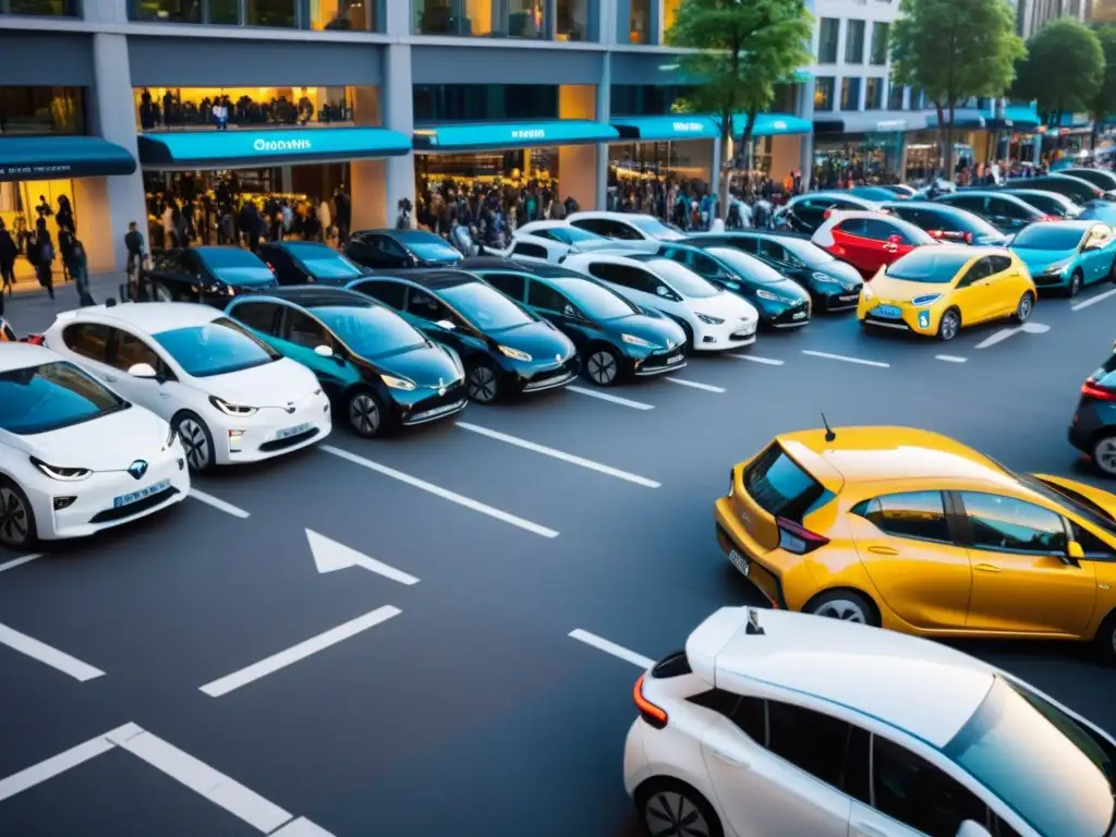 Vibrante escena de car sharing en la ciudad, con diversidad de vehículos y gente intercambiando llaves, reflejando la dinámica de un hub metropolitano