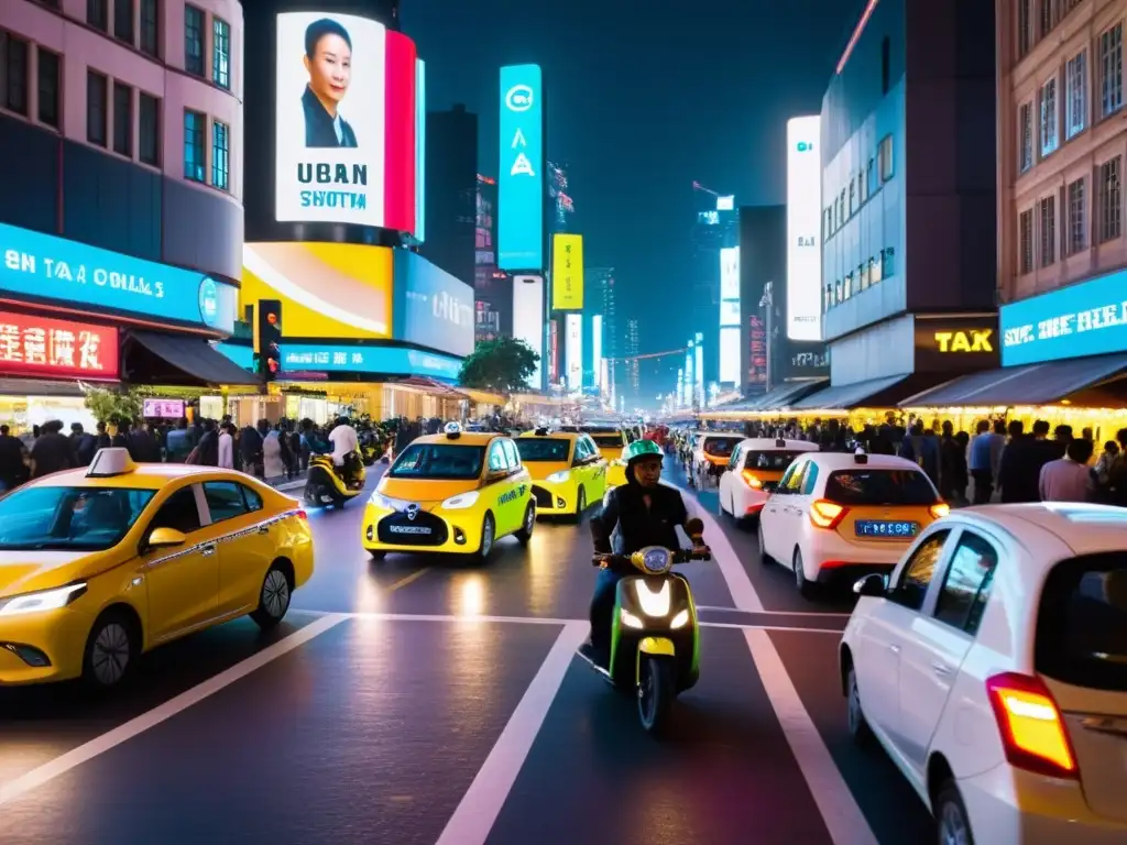 Vibrante escena nocturna de una ciudad con taxis tradicionales, scooters eléctricos y autos autónomos