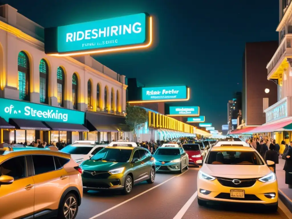 Vibrante escena nocturna de la ciudad con autos de ride sharing esperando afuera de un local popular