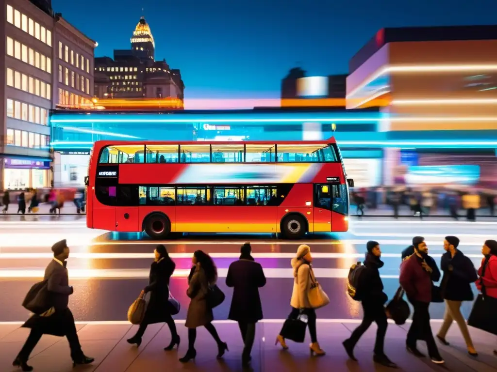 Vibrante escena nocturna en la ciudad con un autobús de dos pisos iluminado en colores brillantes, rodeado de personas diversas en la parada