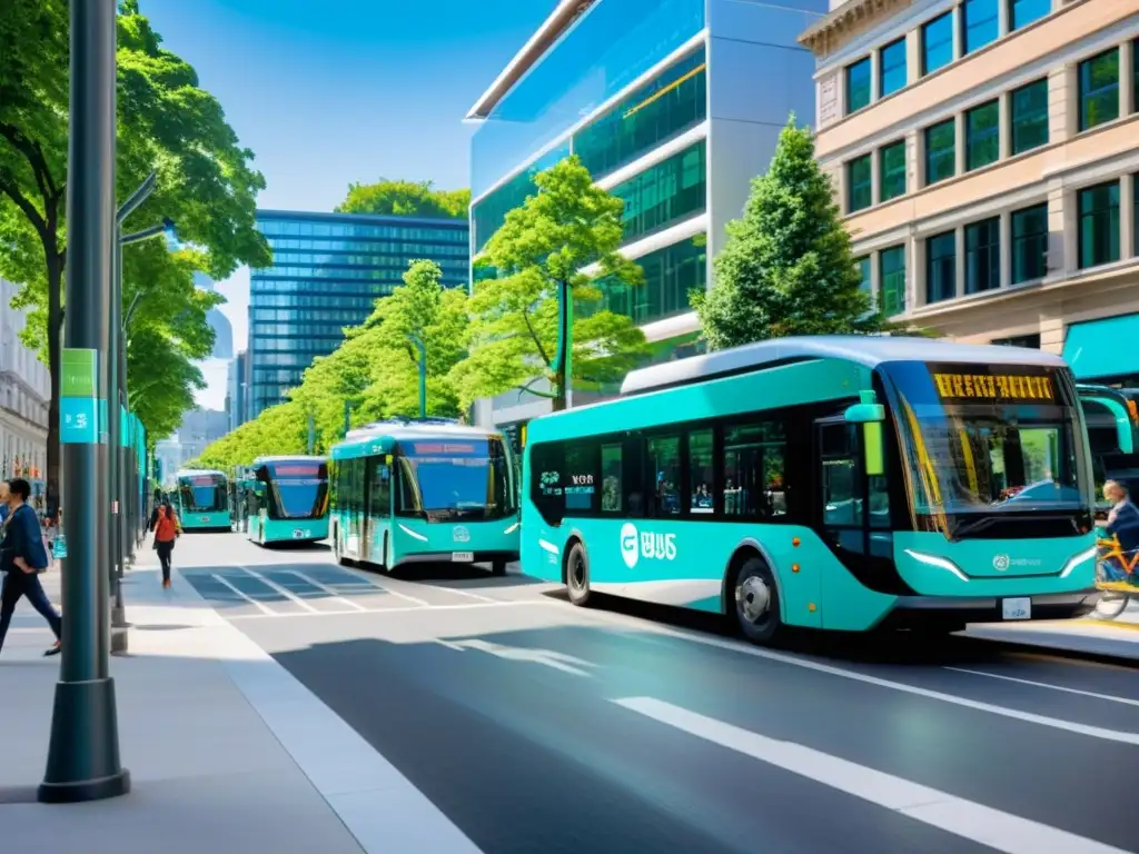 Vibrante escena urbana con autobuses eléctricos, bicicletas, peatones y arquitectura moderna y sostenible