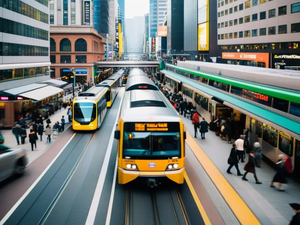 Vibrante escena urbana con buses, tranvías y estaciones de metro