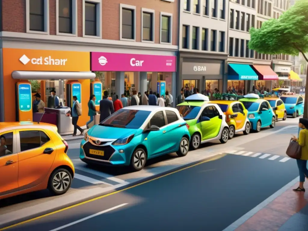 Vibrante escena urbana de car sharing, con vehículos, personas y kiosko