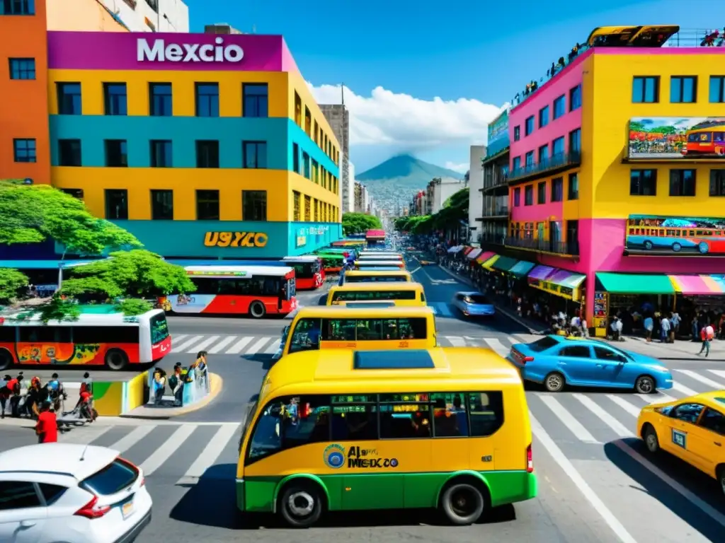 Vibrante escena urbana en Ciudad de México con los mejores aplicaciones transporte público ciudad, reflejando la diversidad y energía de la ciudad