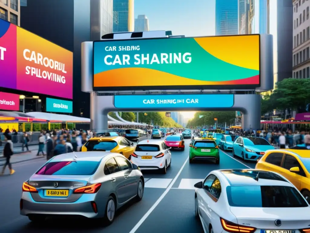 Vibrante escena urbana con coches de car sharing y estrategias publicidad plataformas car sharing