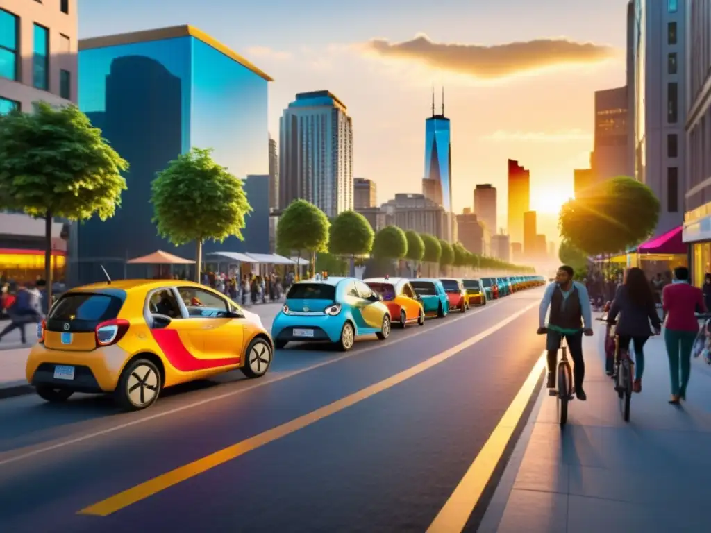 Vibrante escena urbana con coches de colores aparcados en la acera, personas caminando y ciclistas