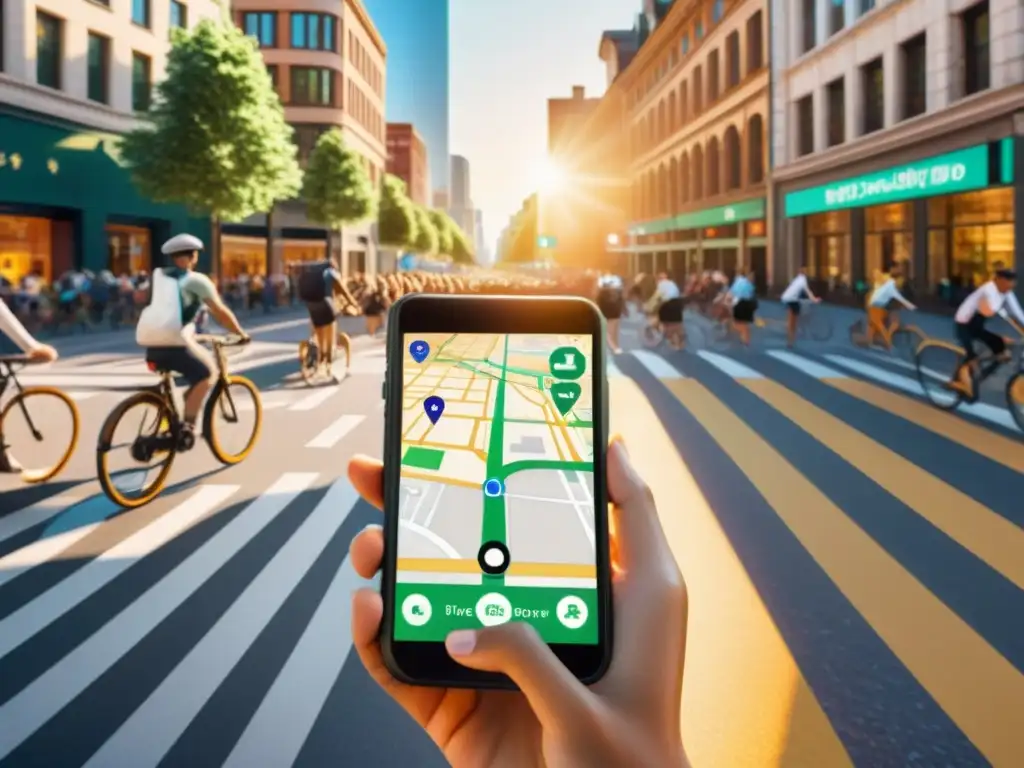 Vibrante escena urbana con desarrollo de apps de navegación integrado, promoviendo la movilidad sostenible en la ciudad