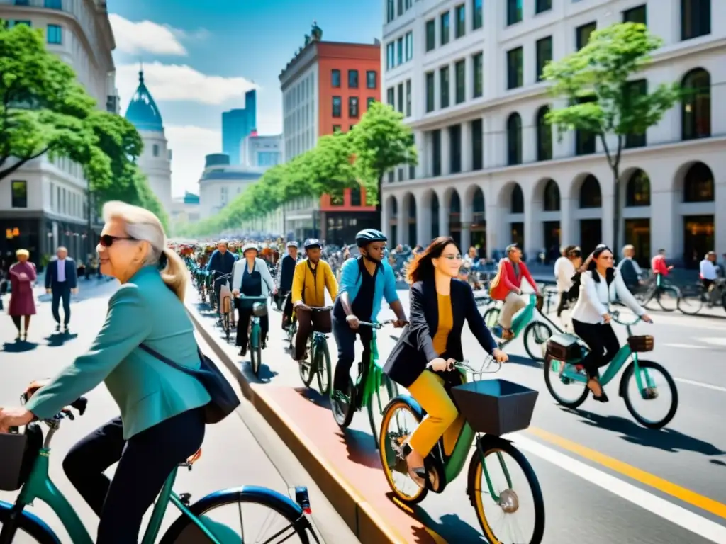 Vibrante escena urbana con diversidad de personas usando sistemas de bicicletas públicas urbanas para moverse por la ciudad