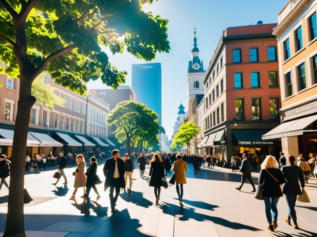 Vibrante escena urbana con espacios caminables en transporte urbano, gente paseando por calles arboladas, edificios modernos e históricos, cafés al aire libre y tiendas en aceras