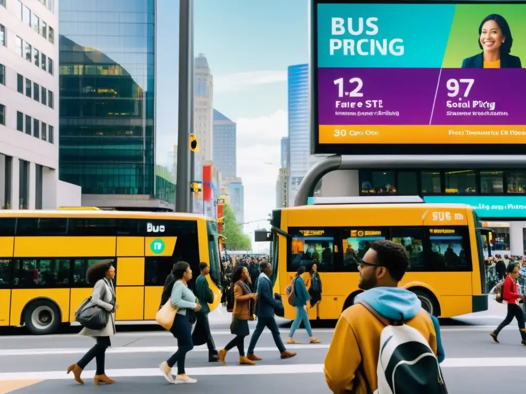 Vibrante escena urbana con gente esperando en parada de autobús y pantalla de tarifas dinámicas, mostrando la energía y diversidad de la vida urbana