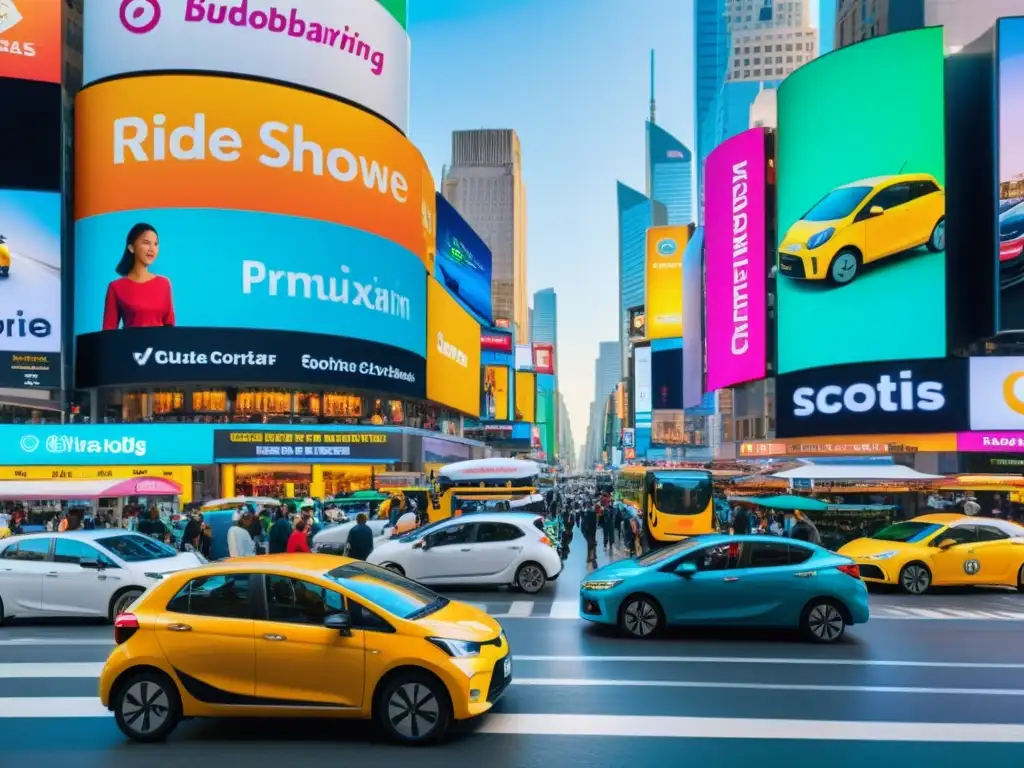 Una vibrante escena urbana llena de vehículos de ride sharing y coloridos anuncios, reflejando la influencia del ride sharing en la cultura pop