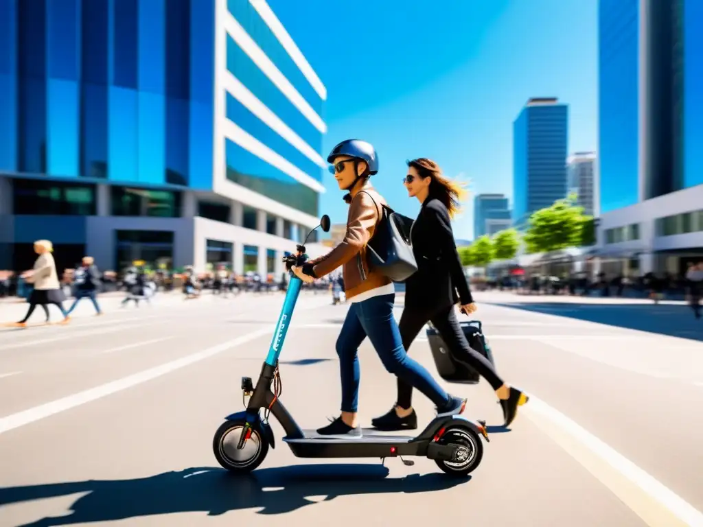 Vibrante escena urbana con los mejores patinetes eléctricos en una ciudad moderna llena de energía y movimiento