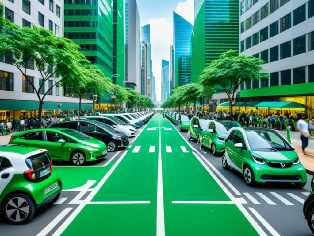 Escena ecofriendly: Ciudad sostenible y diversa Vibrante escena urbana con plataformas de ride sharing ecológico en acción, promoviendo la sostenibilidad y la comunidad