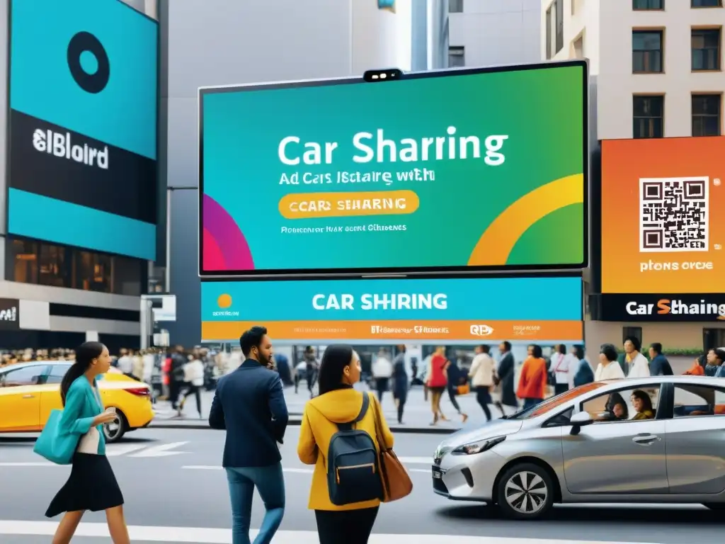 Vibrante escena urbana con publicidad de plataformas car sharing integrando tecnología y diversidad