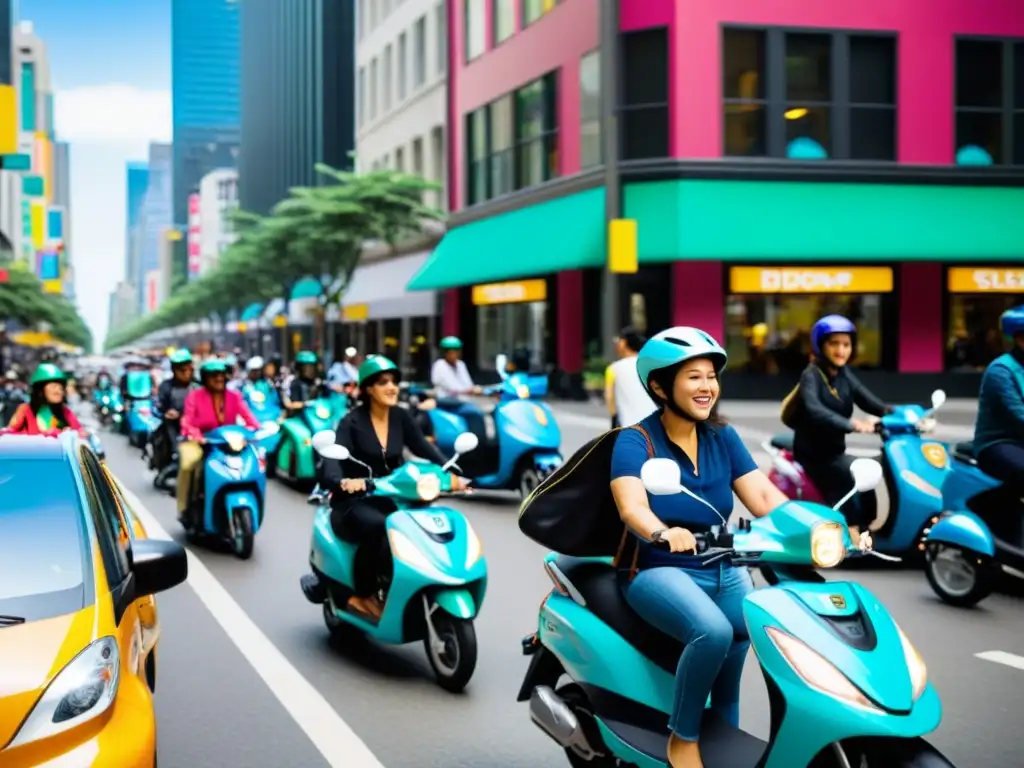 Vibrante escena urbana con scooters y bicicletas de ride sharing turismo inteligente, reflejando la energía y diversidad de la movilidad en la ciudad