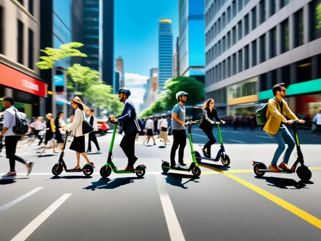 Vibrante escena urbana con scooters eléctricos plegables para movilidad urbana, expresando dinamismo y modernidad en la movilidad urbana