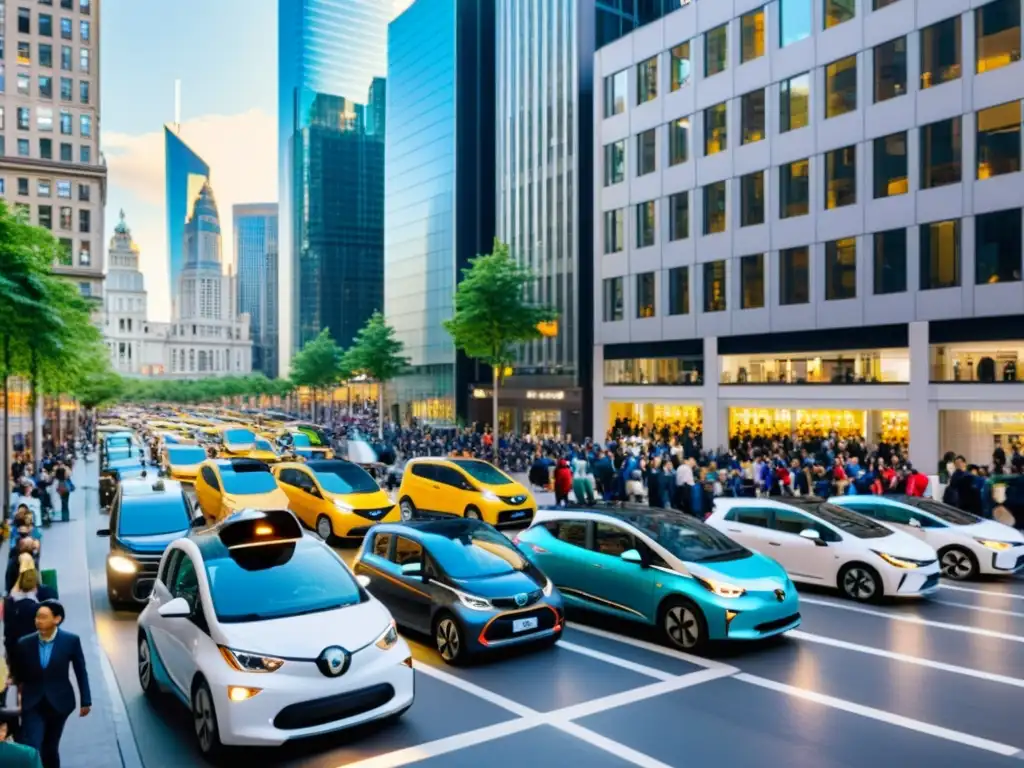 Vibrante escena urbana con software innovador para car sharing, personas, autos y edificios altos