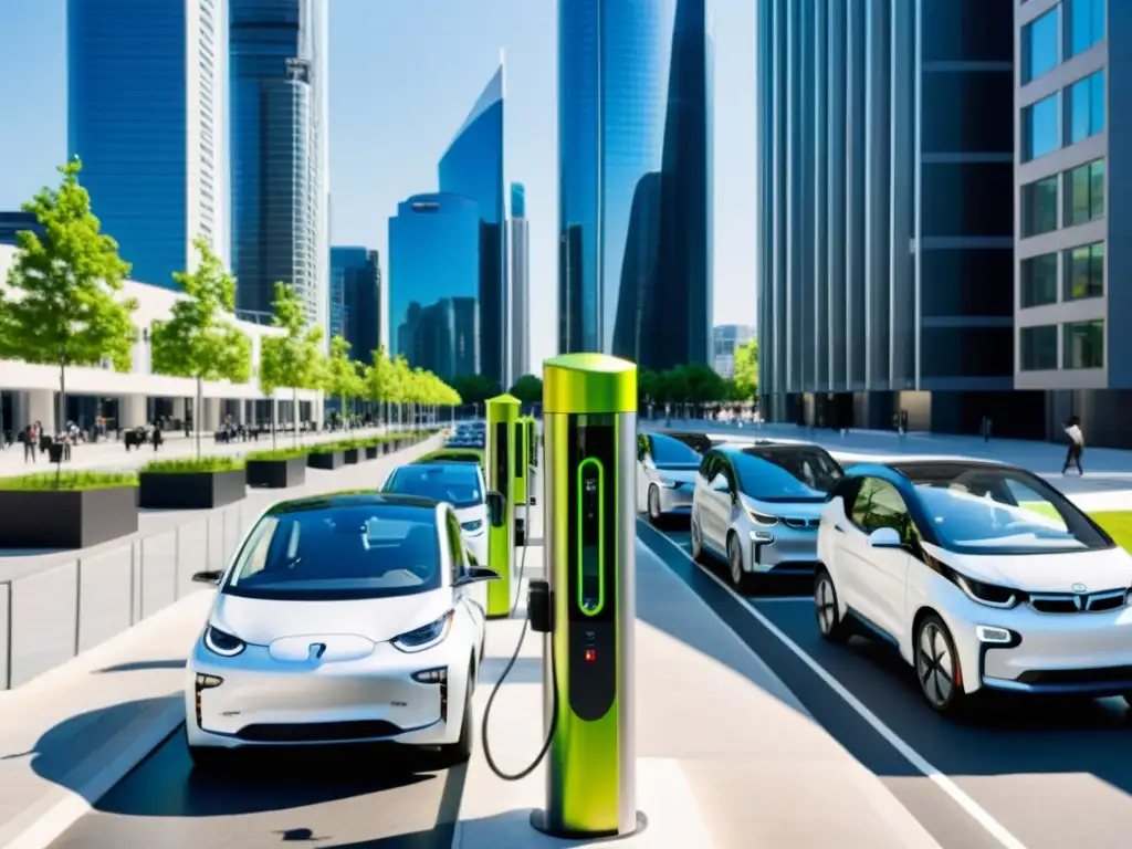Vibrante escena urbana con tecnologías para carga vehículos eléctricos integradas en el paisaje moderno de la ciudad