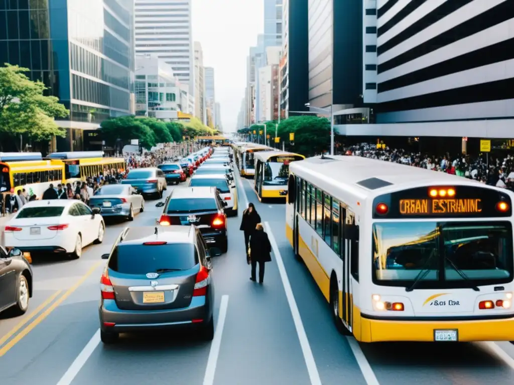 Vibrante escena urbana con tráfico denso y transporte público reduciendo dependencia coche privado