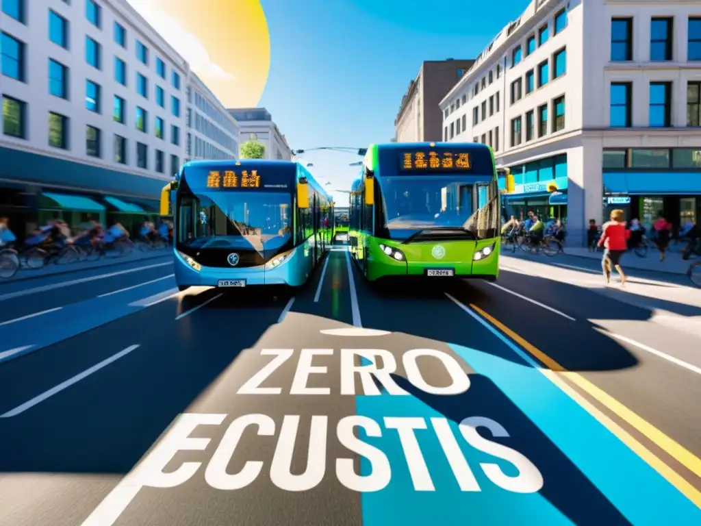 Vibrante escena urbana con transporte público de cero emisiones y reducción de huella de carbono