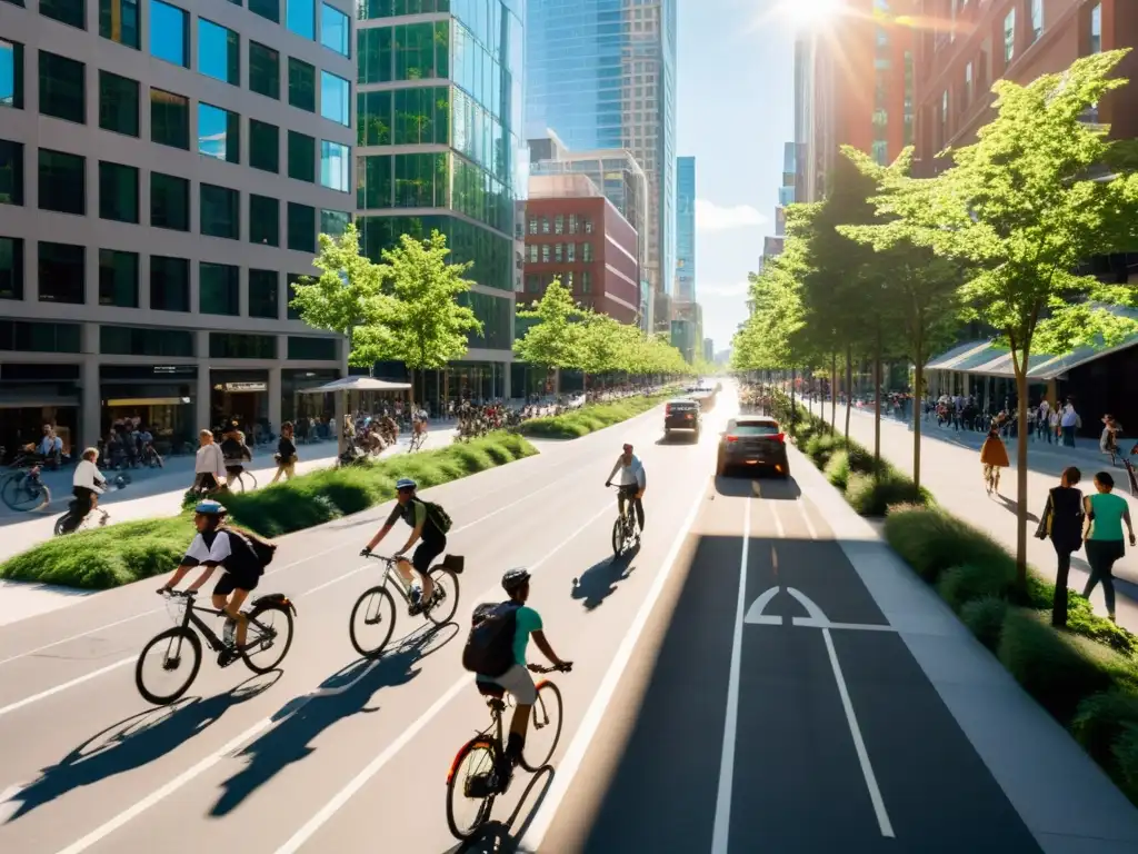 Vibrante escena urbana con transporte sostenible evolución historia en la ciudad moderna