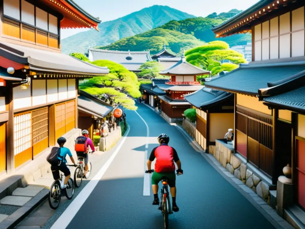 Un vibrante escenario en Kyoto, Japón, con ciclistas modernos pasando frente a tradicionales machiyas y el majestuoso Templo Kiyomizudera al fondo