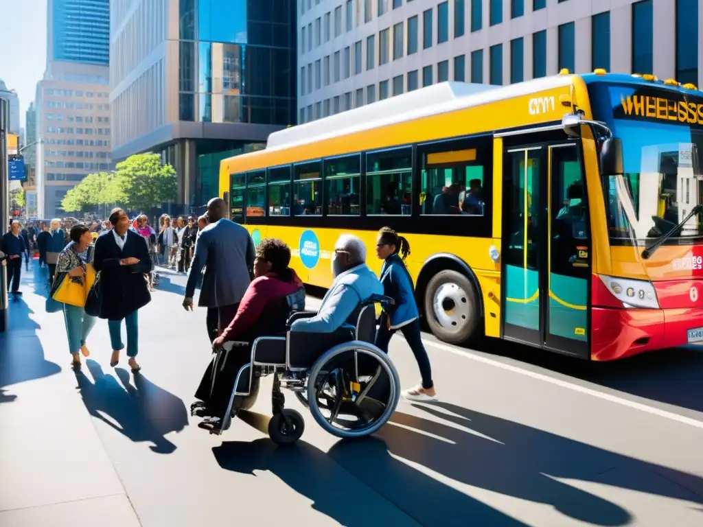 Un vibrante escenario urbano con un bus accesible y colorido, personas de todas las edades y habilidades interactúan