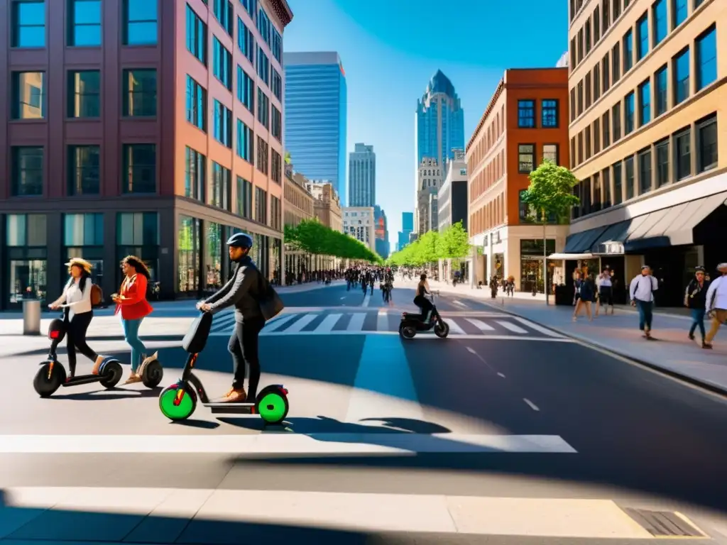 Un vibrante escenario urbano ideal para recorrer en Segway, con una mezcla diversa de personas y una arquitectura moderna e histórica